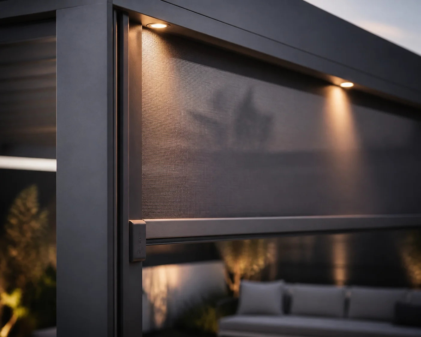 Moderne Pergola in Wien mit windstabilem Zip-Screen Seitenschutz und LED-Beleuchtung.
