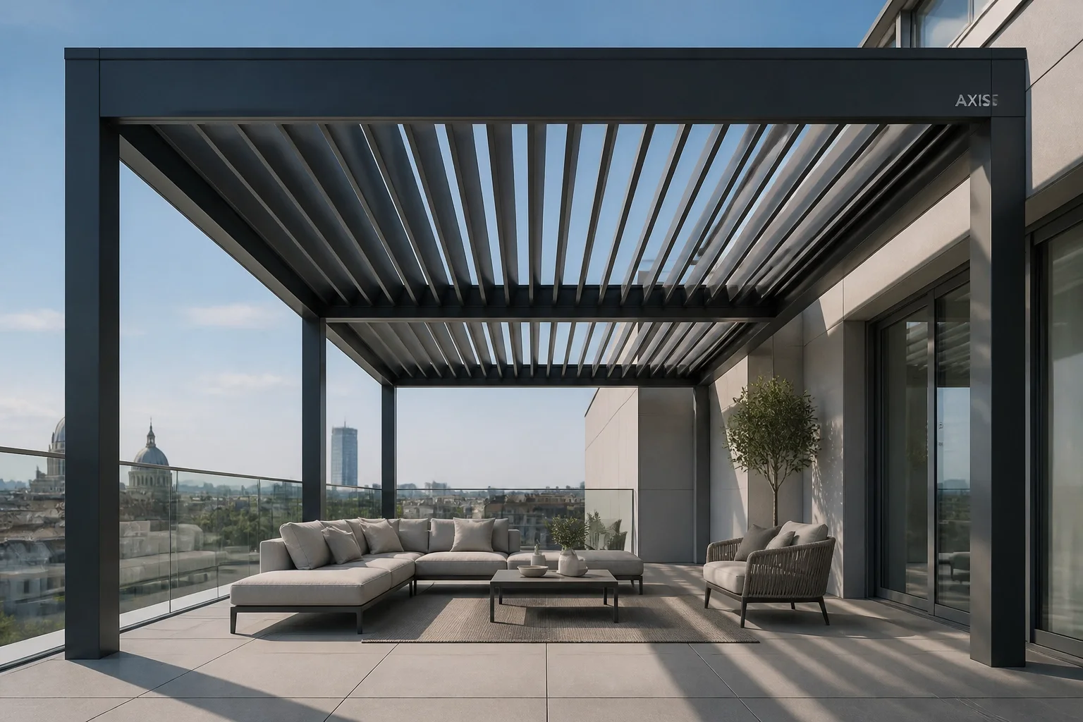 Modernes Lamellendach in Anthrazit auf einer Wiener Penthouse-Terrasse für exklusives Terrassendesign.