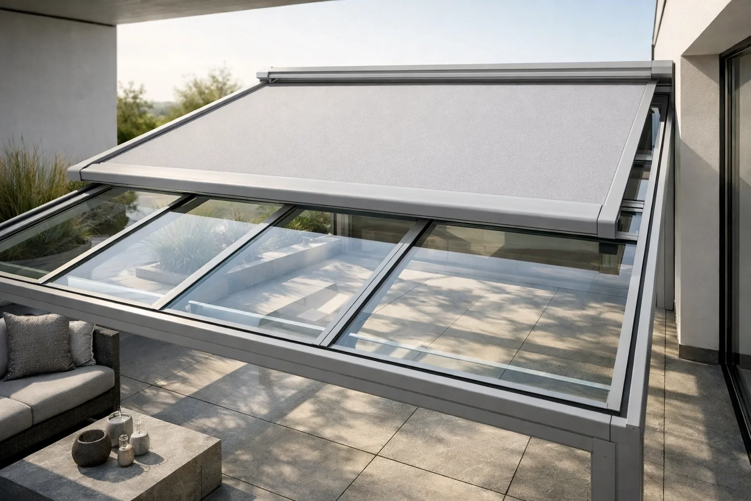 Gläserne Terrassenüberdachung nach Maß mit einer eleganten Aufglasmarkise für optimalen Sonnenschutz.