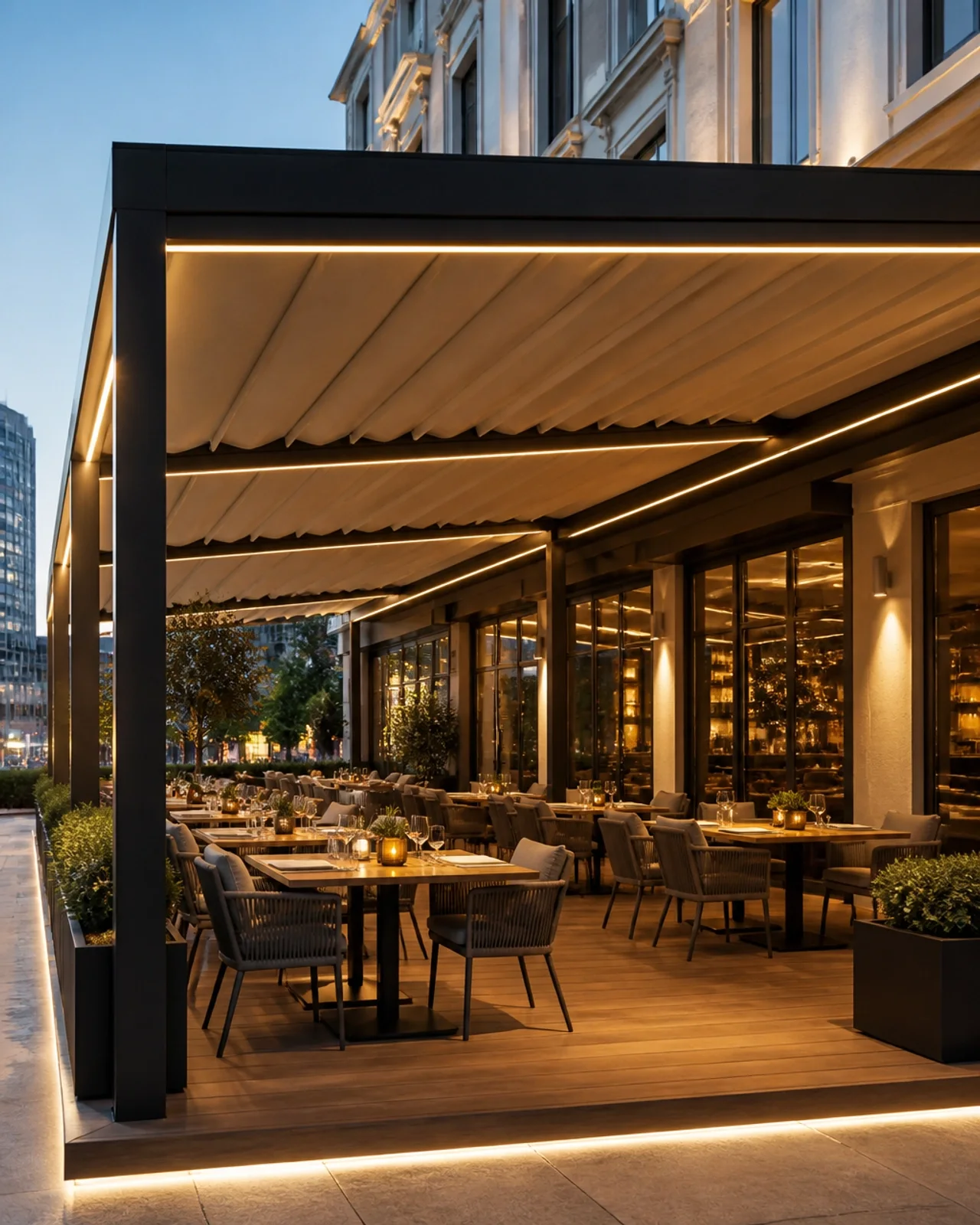 Moderne Textil-Pergola über einer Restaurantterrasse in Wien