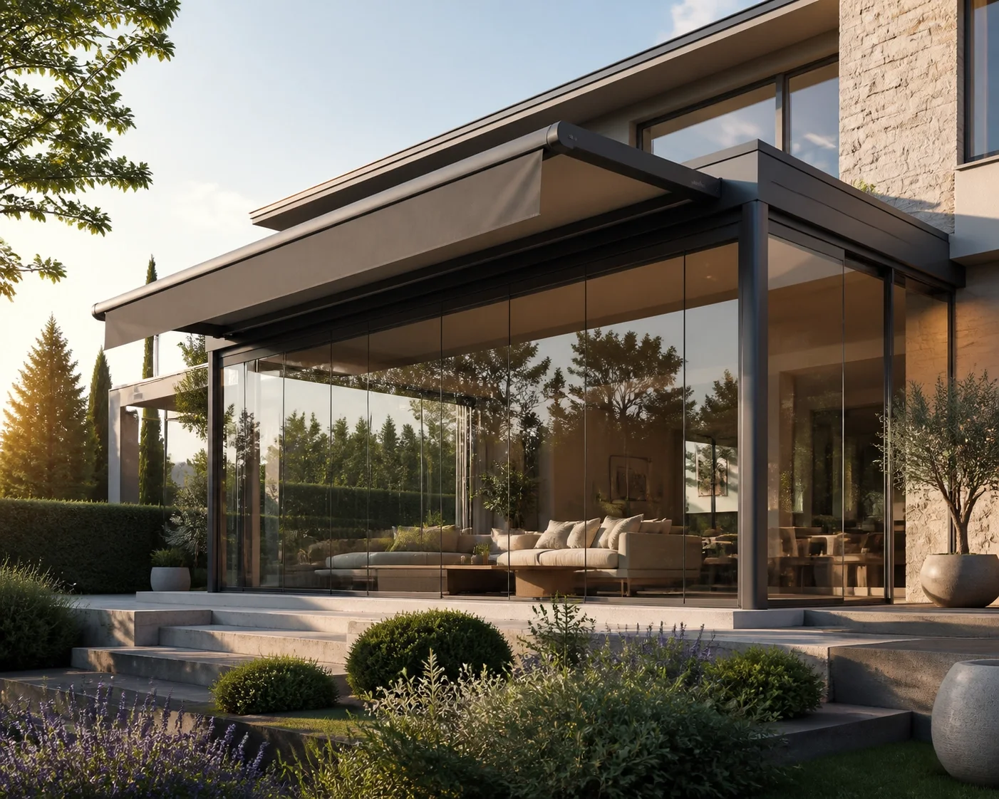 Modernes Wohnhaus mit architektonisch integrierter Aufglasmarkise für effektiven Hitzeschutz.