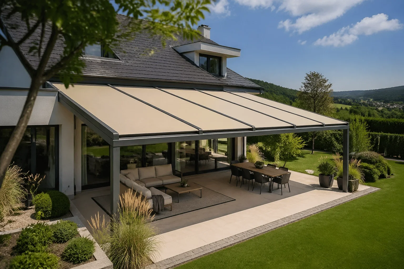 Ausgefahrene beige Aufglasmarkise auf einem modernen Terrassendach in Niederösterreich.