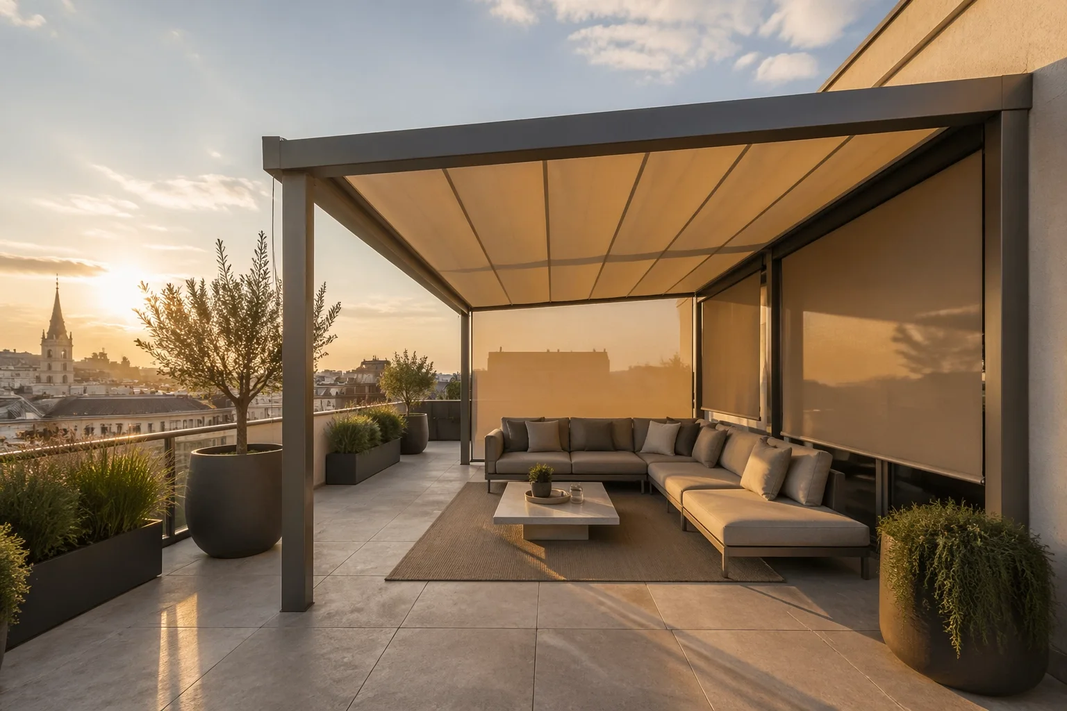 Moderne Terrassenbeschattung mit Pergolamarkise und Zip Screen Wien auf einer Dachterrasse.
