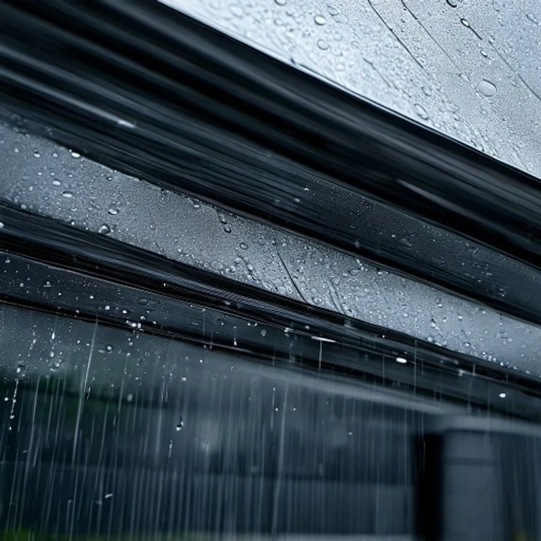 Ein geschlossenes Lamellendach während eines Regenschauers. Man sieht die Wassertropfen auf der glatten Oberfläche und die präzise Verarbeitung der Dichtungen. Sauberer, technischer Look.
