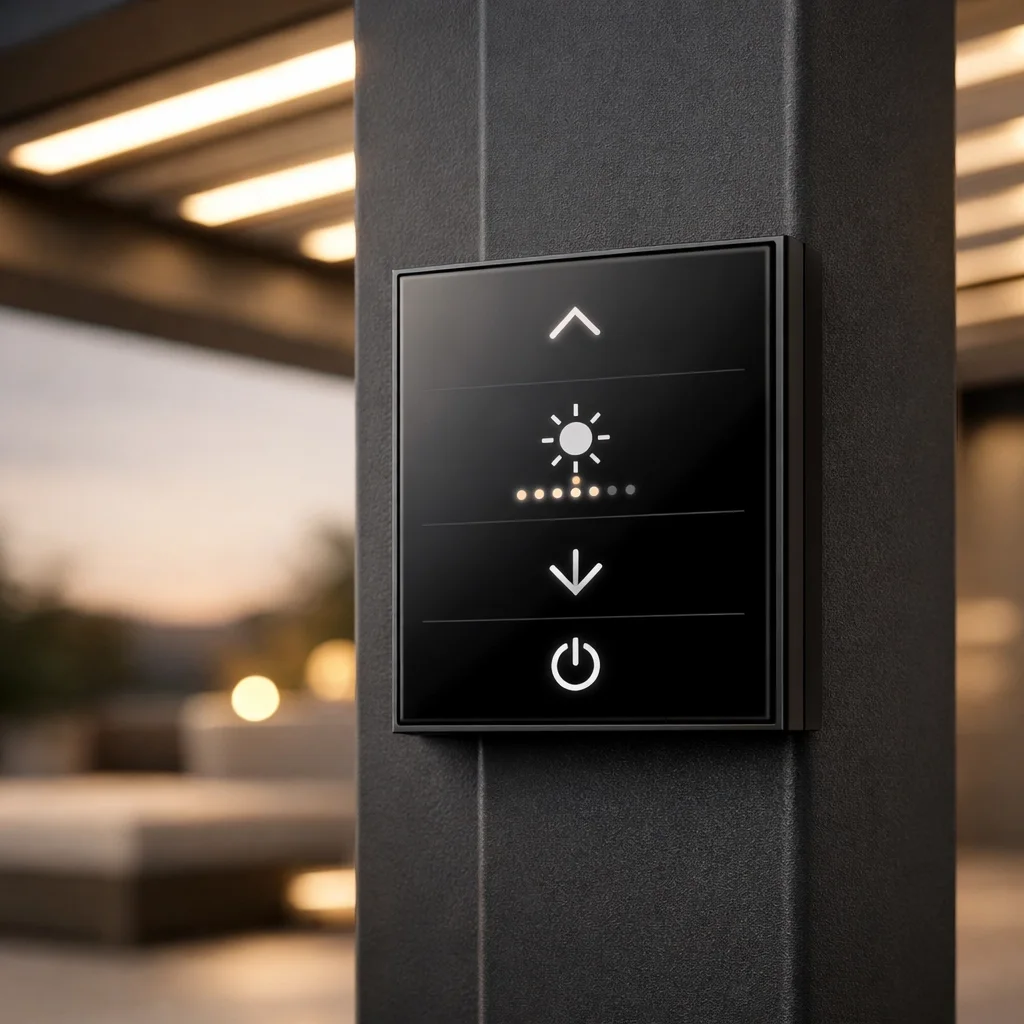 Smart-Home-Steuerung für eine Pergola in Wien mit integrierter LED-Beleuchtung im Profil.