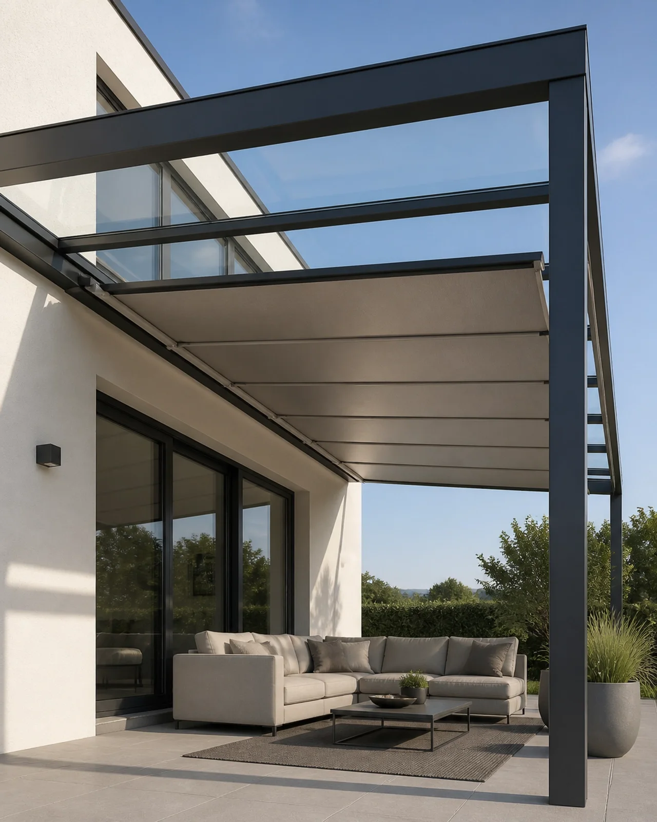 Glas-Terrassendach mit integrierter Unterglasmarkise für optimalen Hitzeschutz