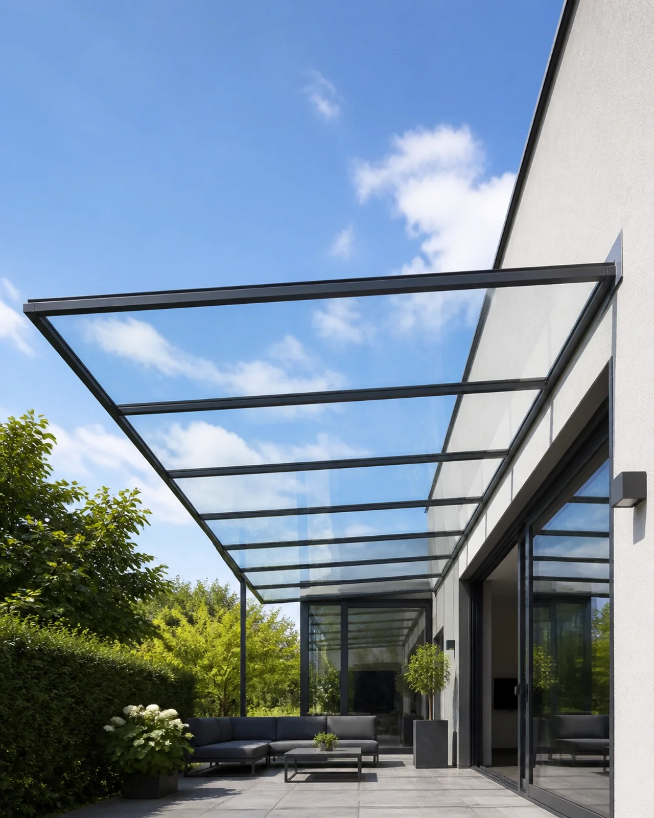 Minimalistisches Glasdach mit schlankem Aluminiumrahmen an einem modernen Haus