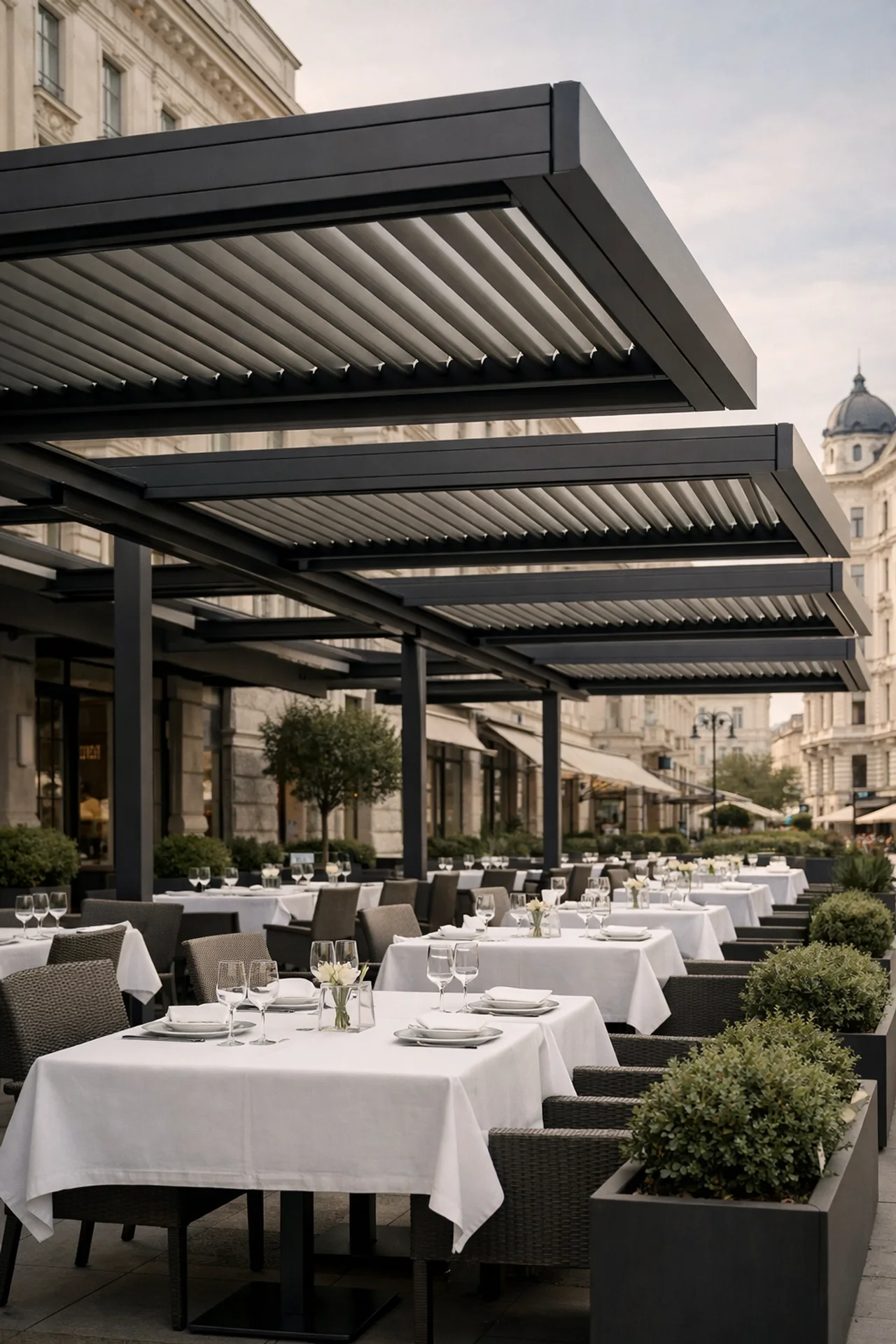 Großflächige Pergola Wien für Gastronomie-Terrassen mit elegantem Design.