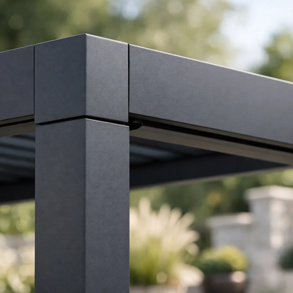 Detailaufnahme einer stabilen Pergola-Eckverbindung mit unsichtbarer Entwässerung in Anthrazit.