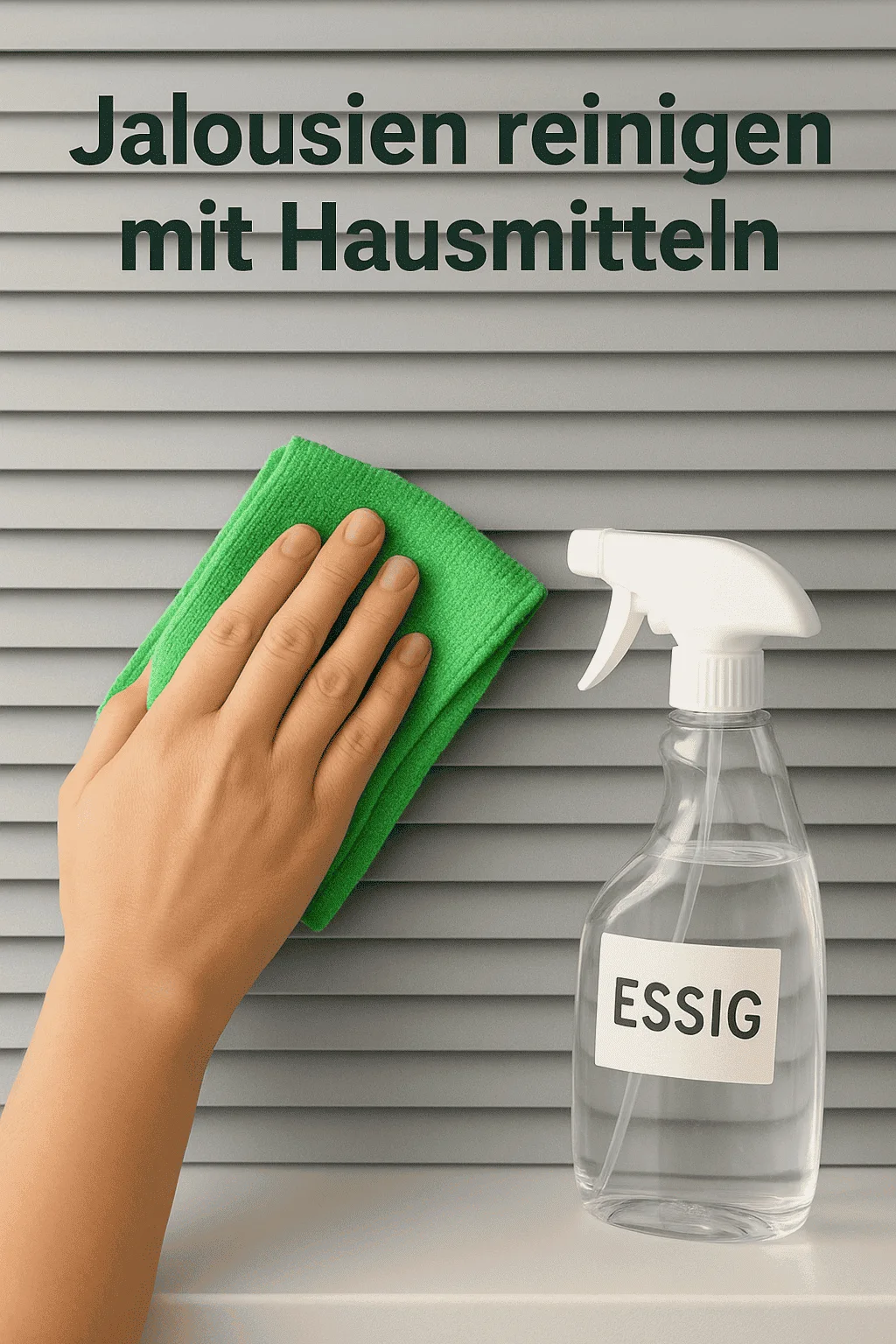 Person reinigt Aluminiumjalousien mit grünem Mikrofasertuch und Essig-Sprayflasche.
