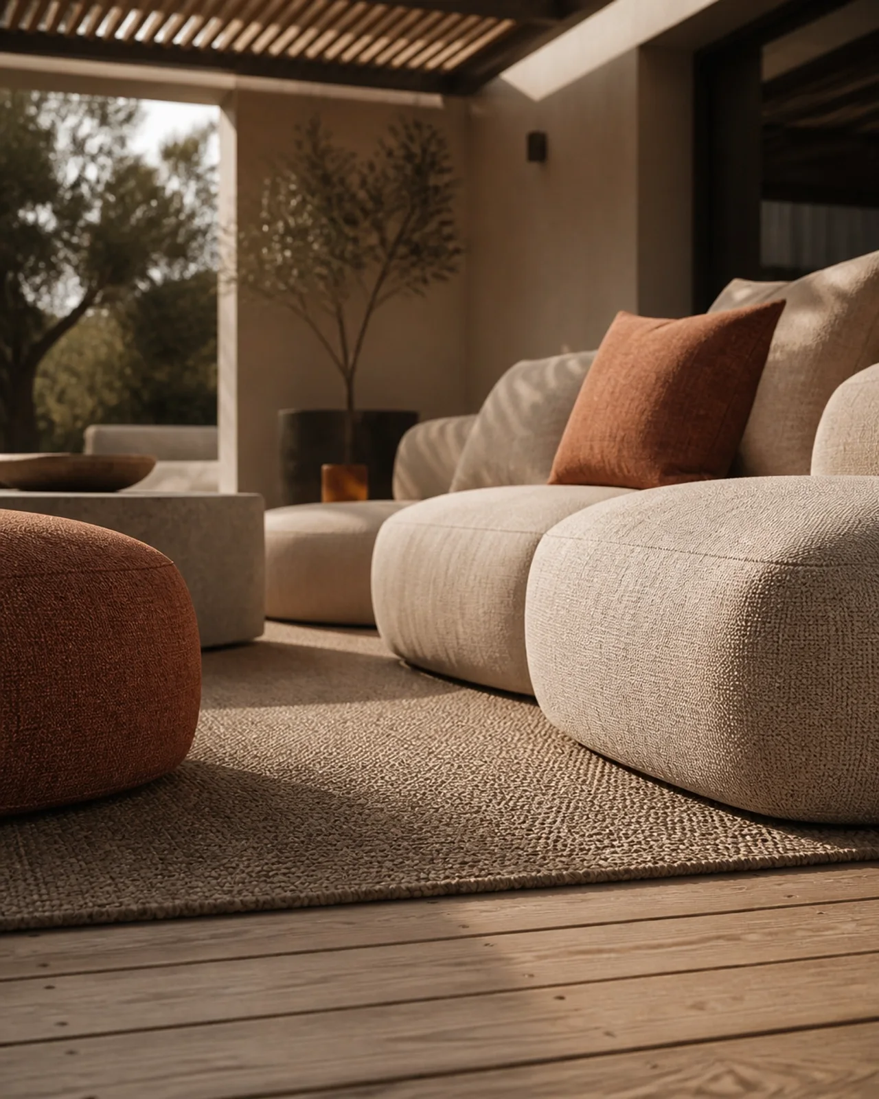 Gemütliche Outdoor-Lounge mit organischen Formen und weichen Textilien