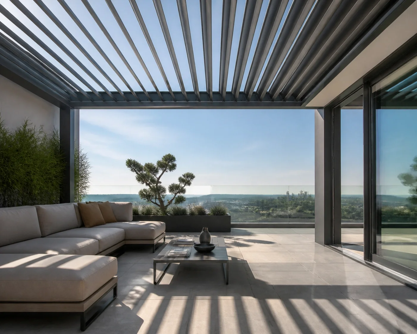 Modernes Lamellendach in Wien als exklusive Terrassenüberdachung mit verstellbaren Aluminium-Lamellen.
