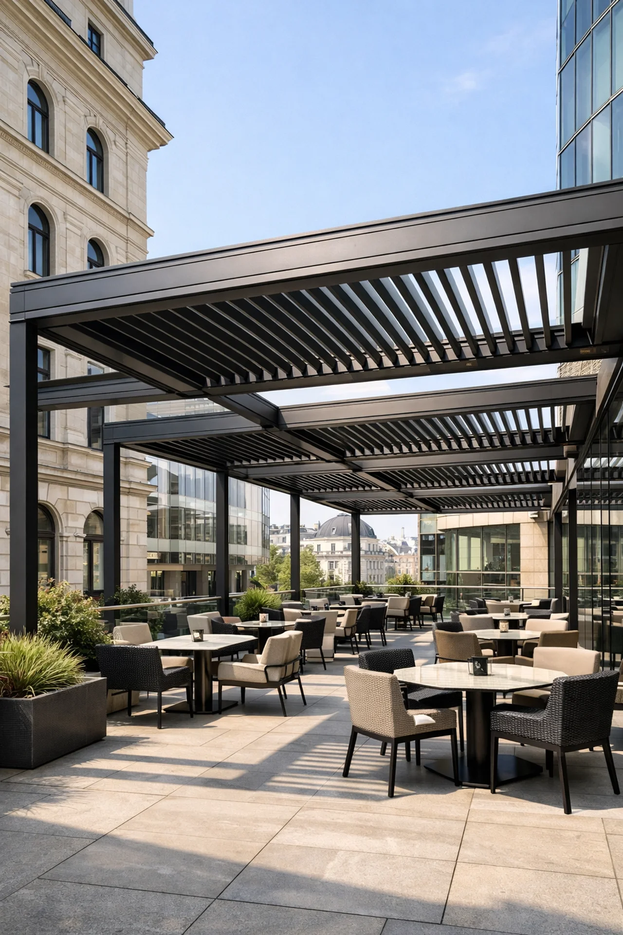 Moderne Gastronomie-Terrassenüberdachung mit vernetzten Lamellendächern für Restaurants in Wien.