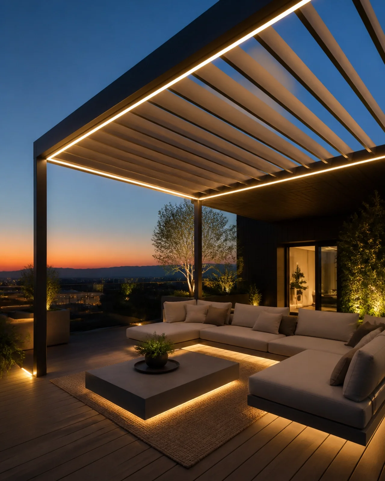 Gemütliche Abendstimmung auf einer Terrasse mit integrierter LED-Beleuchtung