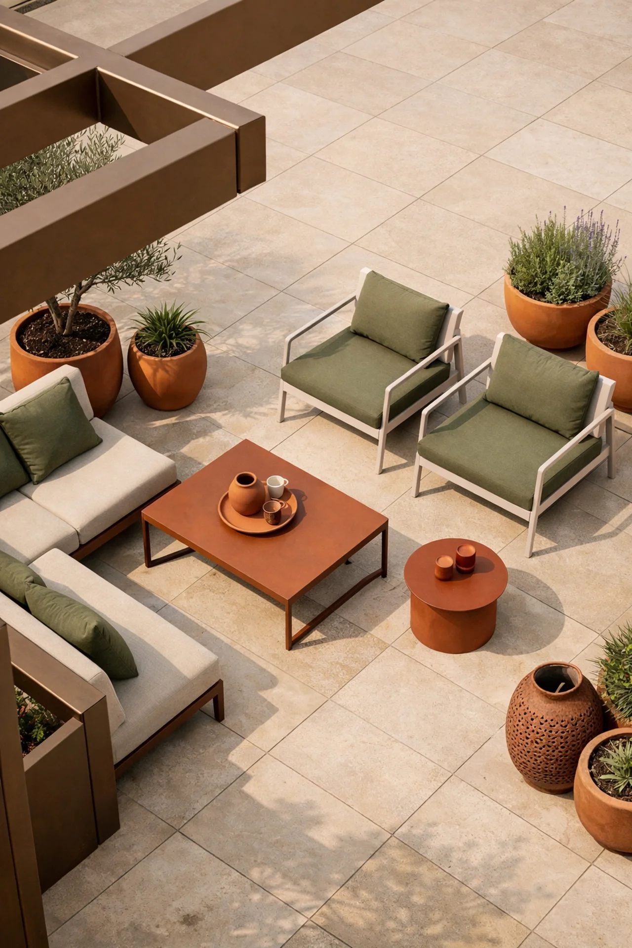 Wiener Terrasse in warmen Erdtönen mit Pergola und minimalistischen Möbeln