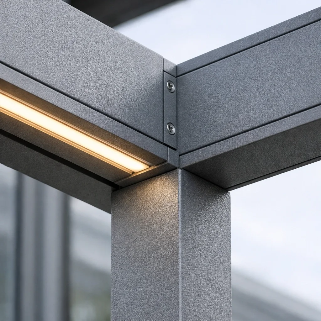 Detailaufnahme einer Terrassenüberdachung mit integrierter LED-Beleuchtung und Aluminiumprofilen.