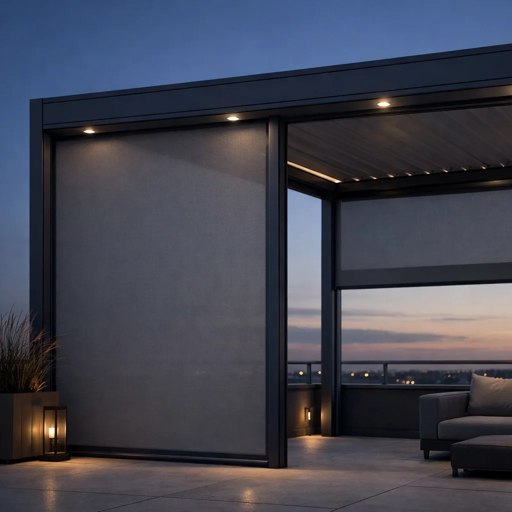 Pergola in Wien mit Zip-Screens für optimalen Windschutz und Sichtschutz auf der Terrasse.
