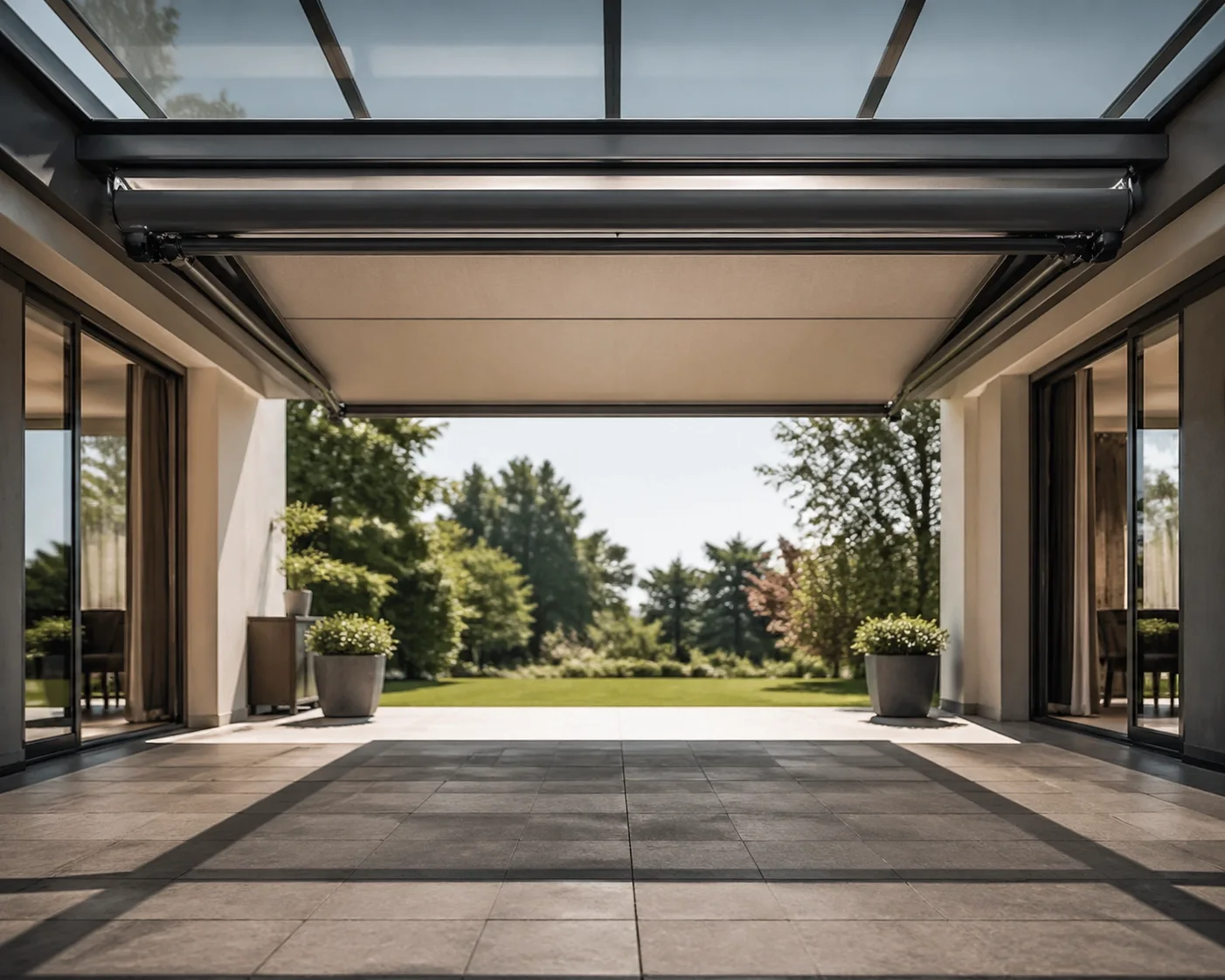Blick unter ein Glasdach mit professionell montierter Markise für optimale Schattenbildung auf der Terrasse.