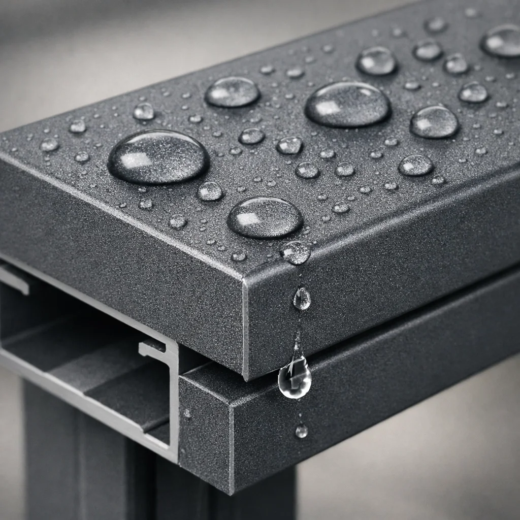 Detailaufnahme eines wetterfesten Aluminiumprofils mit pflegeleichtem Abperleffekt.