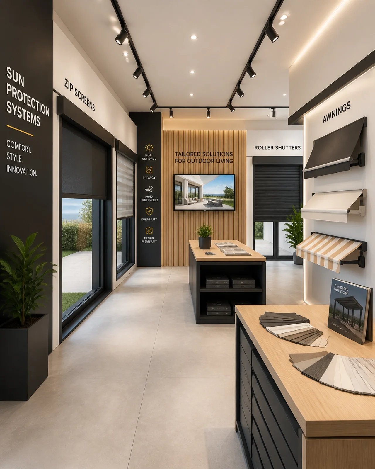 Moderner Showroom für Sonnenschutzsysteme in Wien