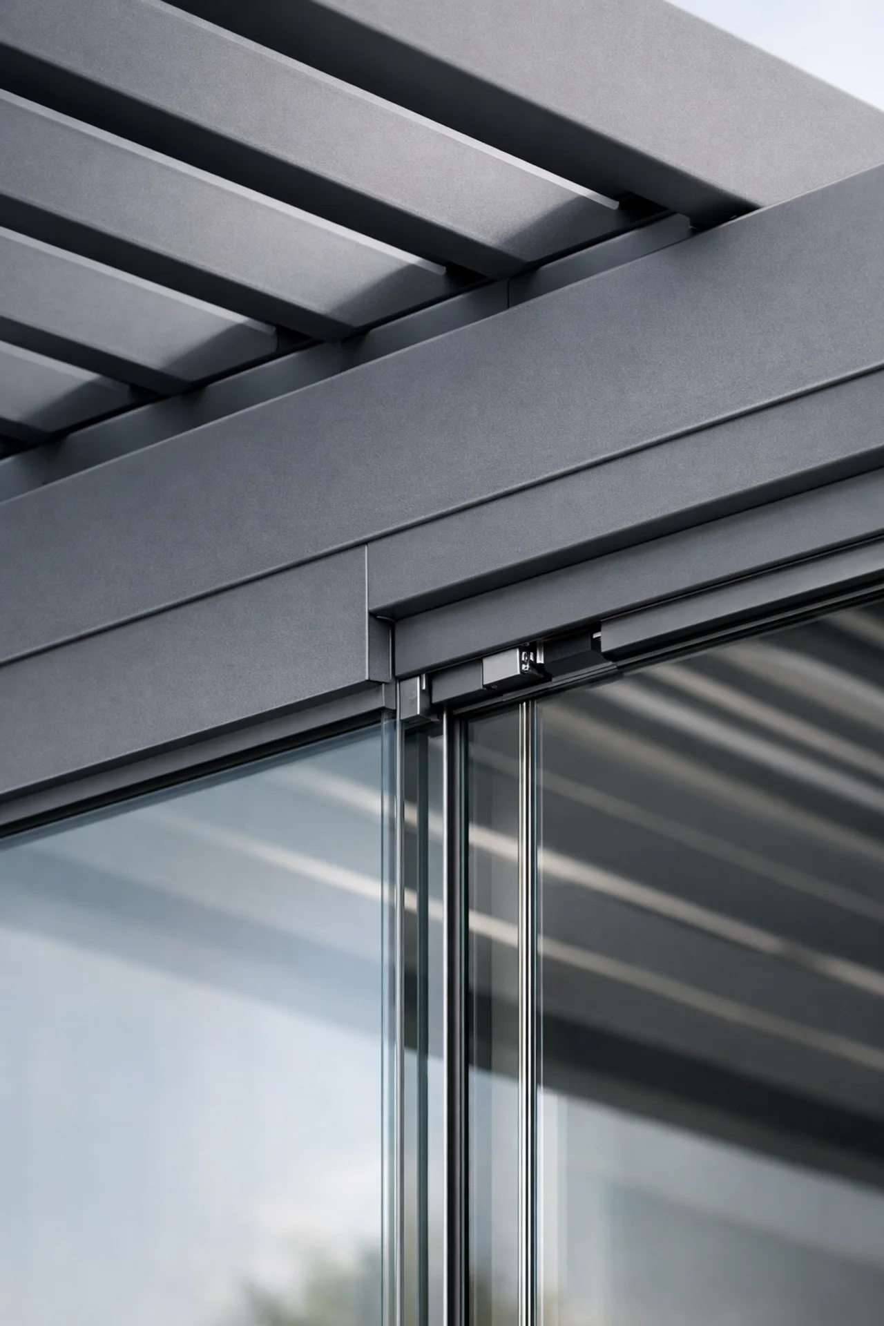 Detailansicht eines Lamellendachs mit Glasschiebewand als hochwertiges Verschlusssystem.
