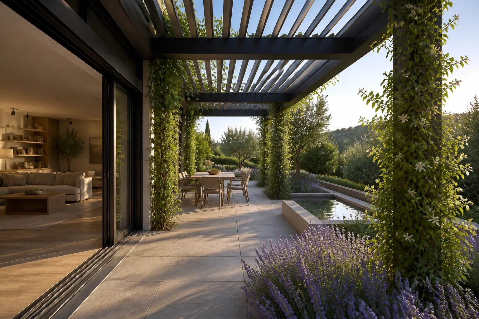 Terrassenüberdachung in Wien als fließender Übergang zum Garten-Wohnbereich.