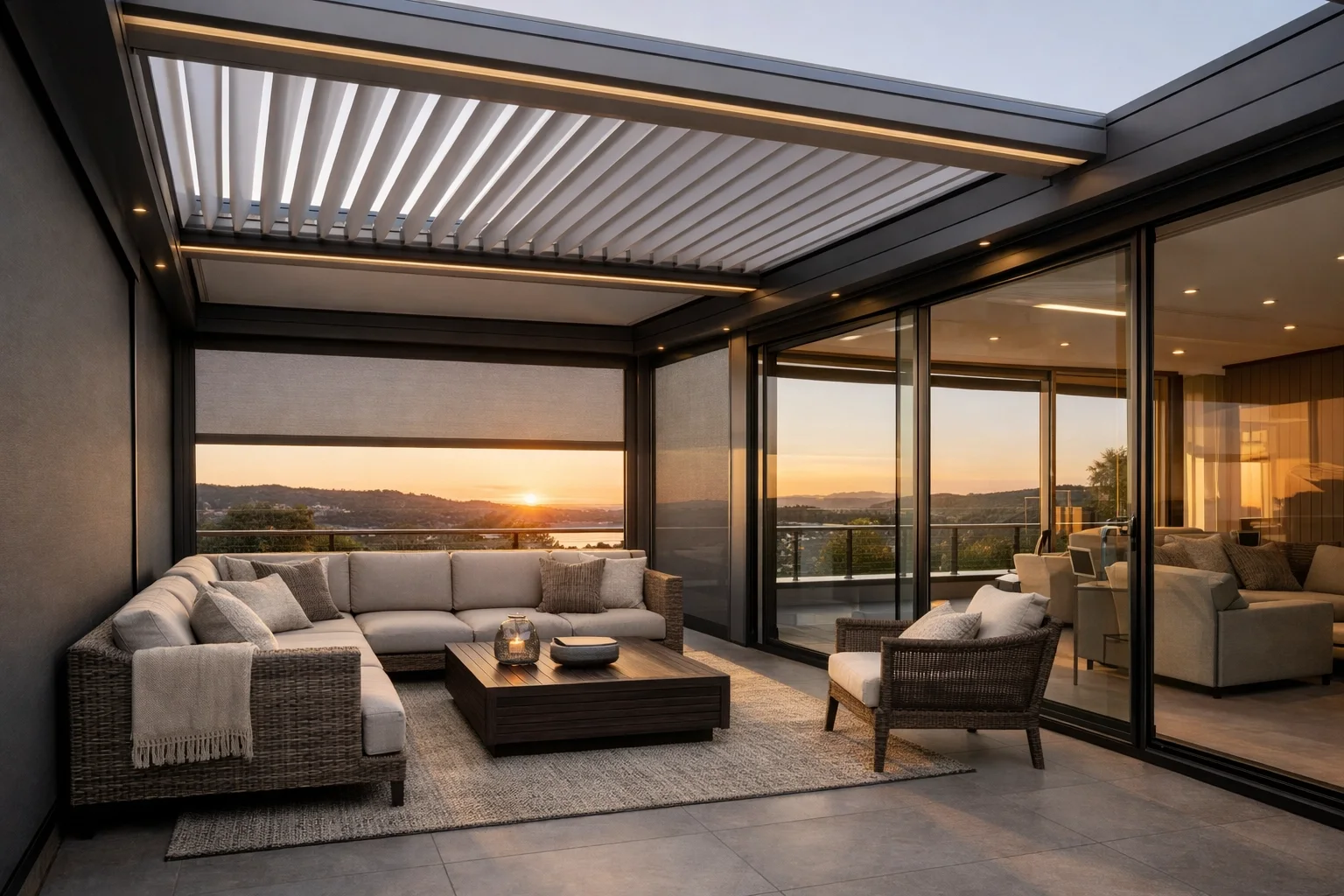 Luxuriöse Terrassenüberdachung in Wien mit integrierten Zipscreens und eleganter Glas-Erweiterung.