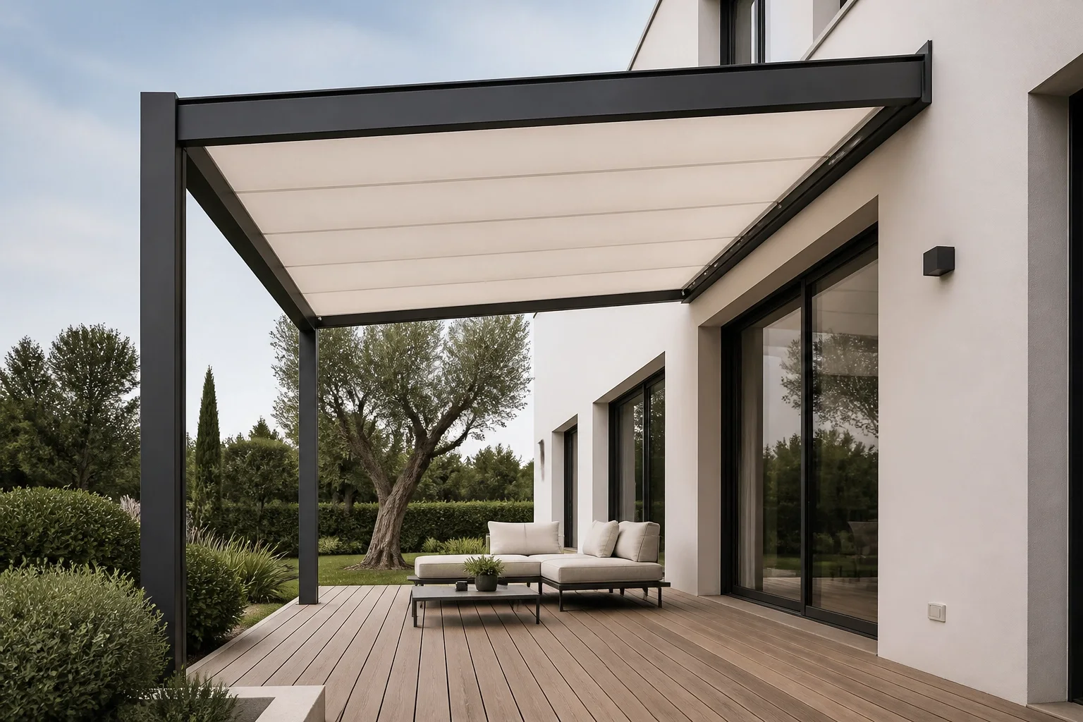 Elegante Pergola in Wien mit ausfahrbarem Textildach an einer modernen Villa.
