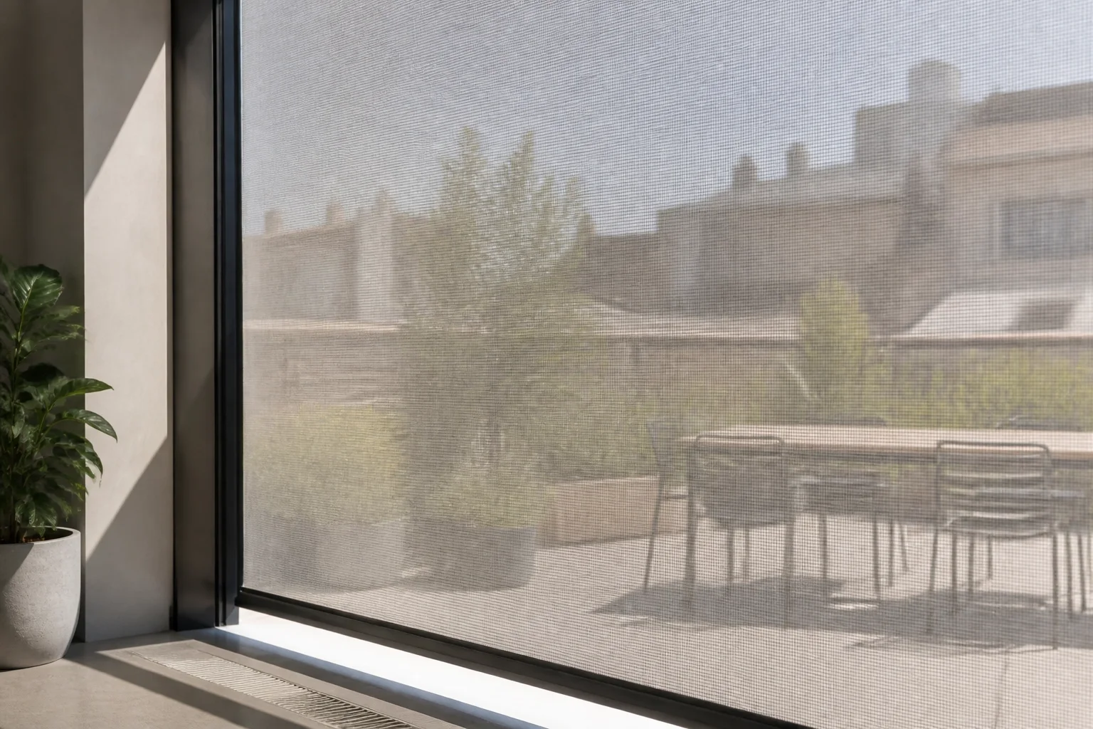 Transparenter Zip Screen für Hitzeschutz mit Durchsicht auf eine Terrasse in Wien.