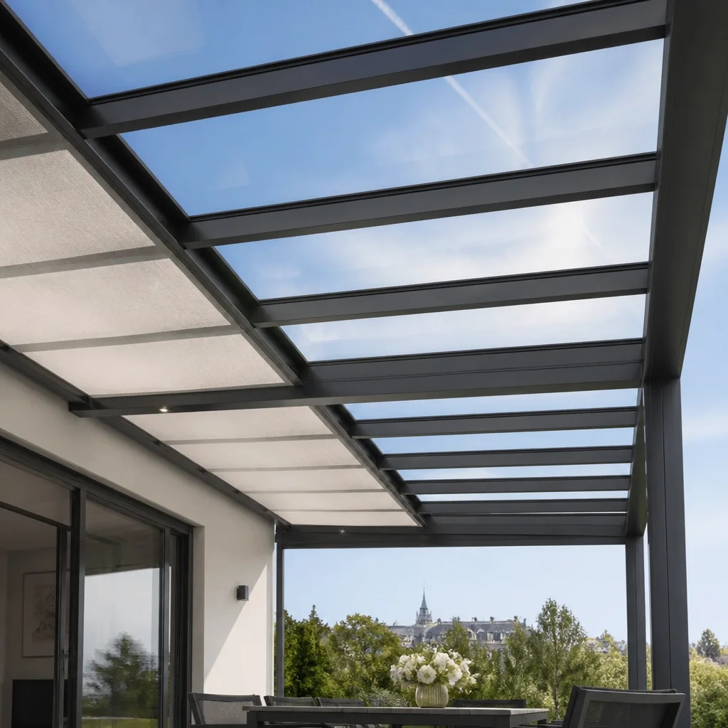 Ein elegantes Glasdach mit Unterglasmarkise für perfekten Sonnenschutz