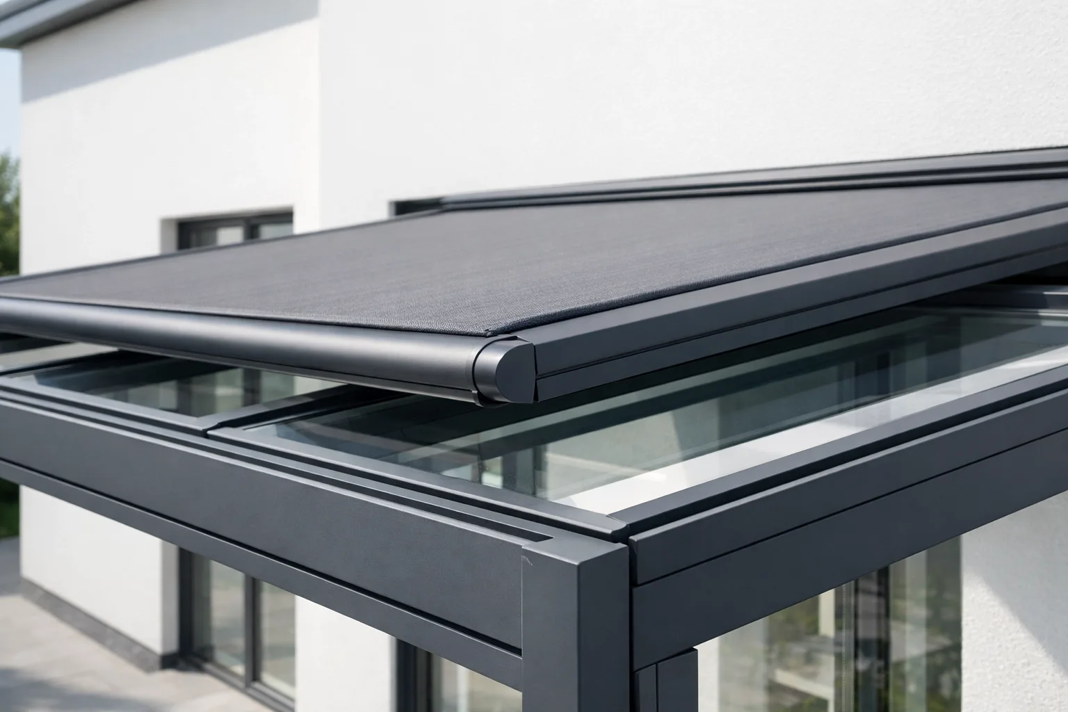 Anthrazitfarbene Aufglasmarkise montiert auf einer modernen Terrassenüberdachung aus Aluminium.