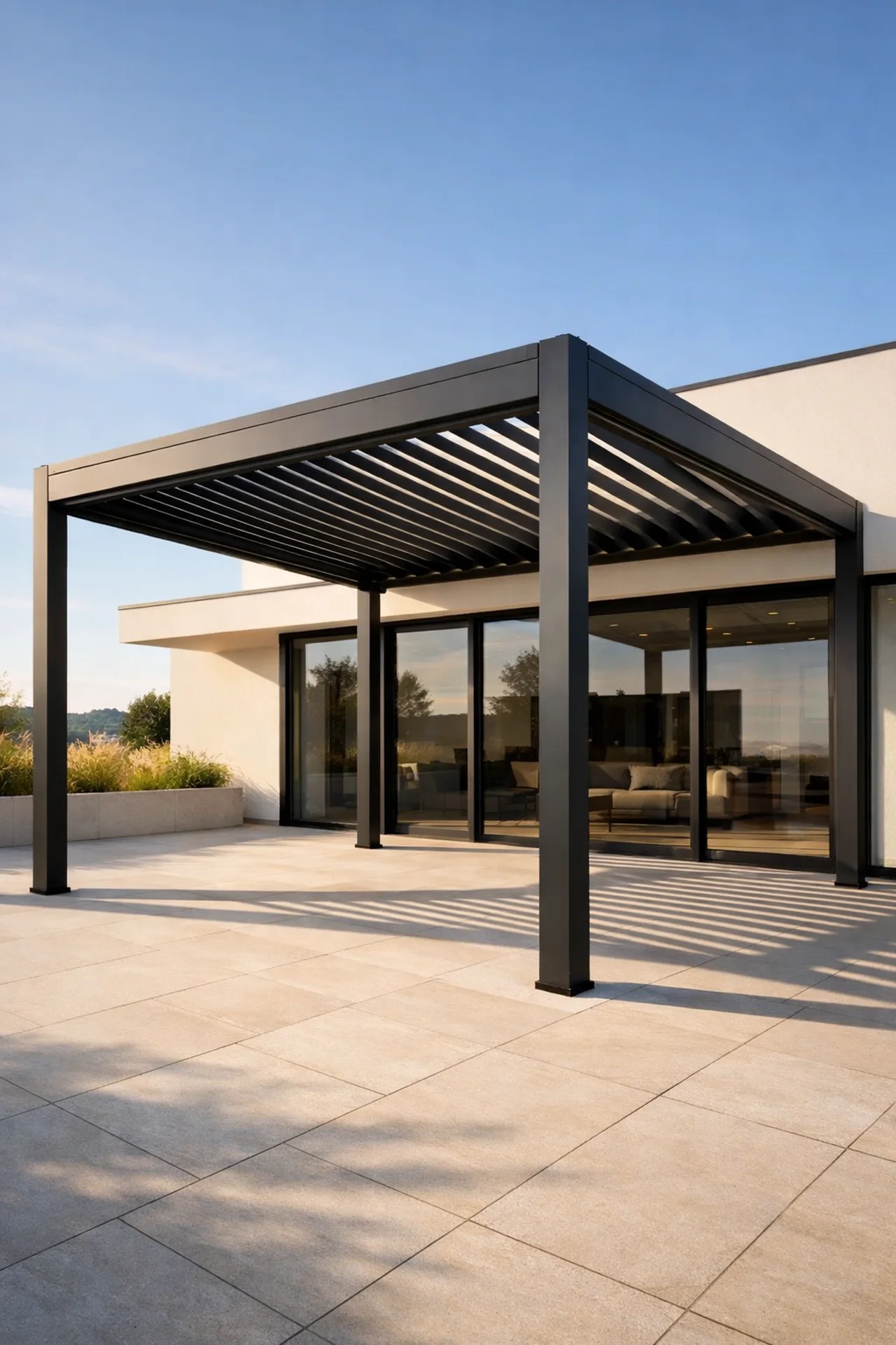 Modernes Lamellendach in Anthrazit auf einer Wiener Terrasse für optimalen Sonnenschutz.