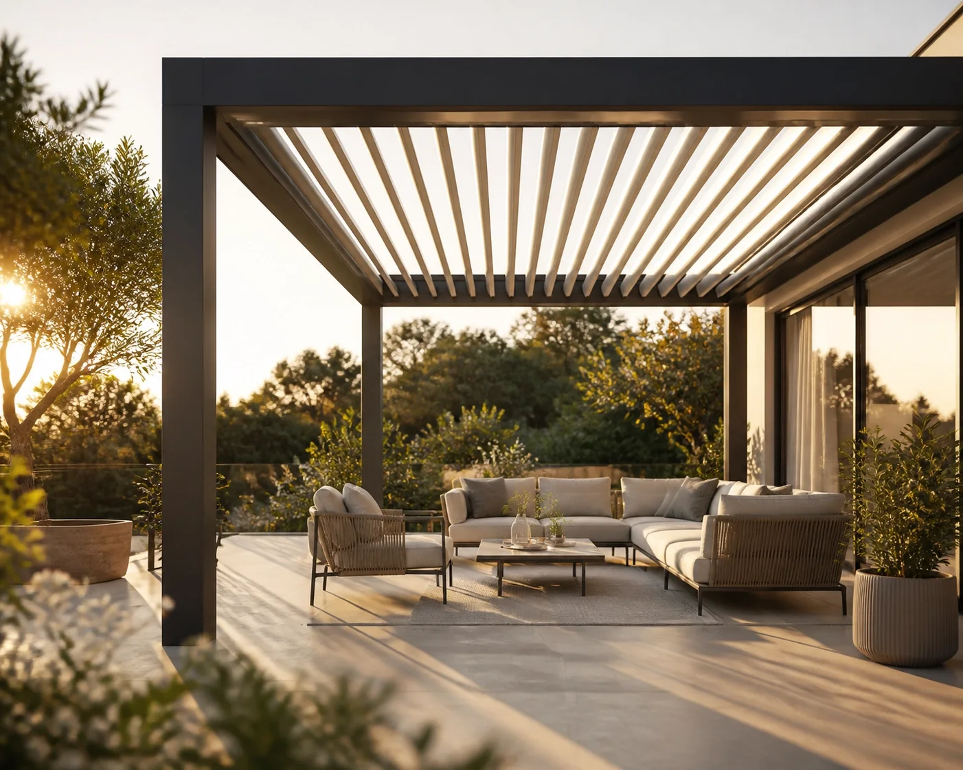 Exklusive Aluminium-Pergola mit Lamellendach für den perfekten Sonnenschutz im Wiener Gastgarten.