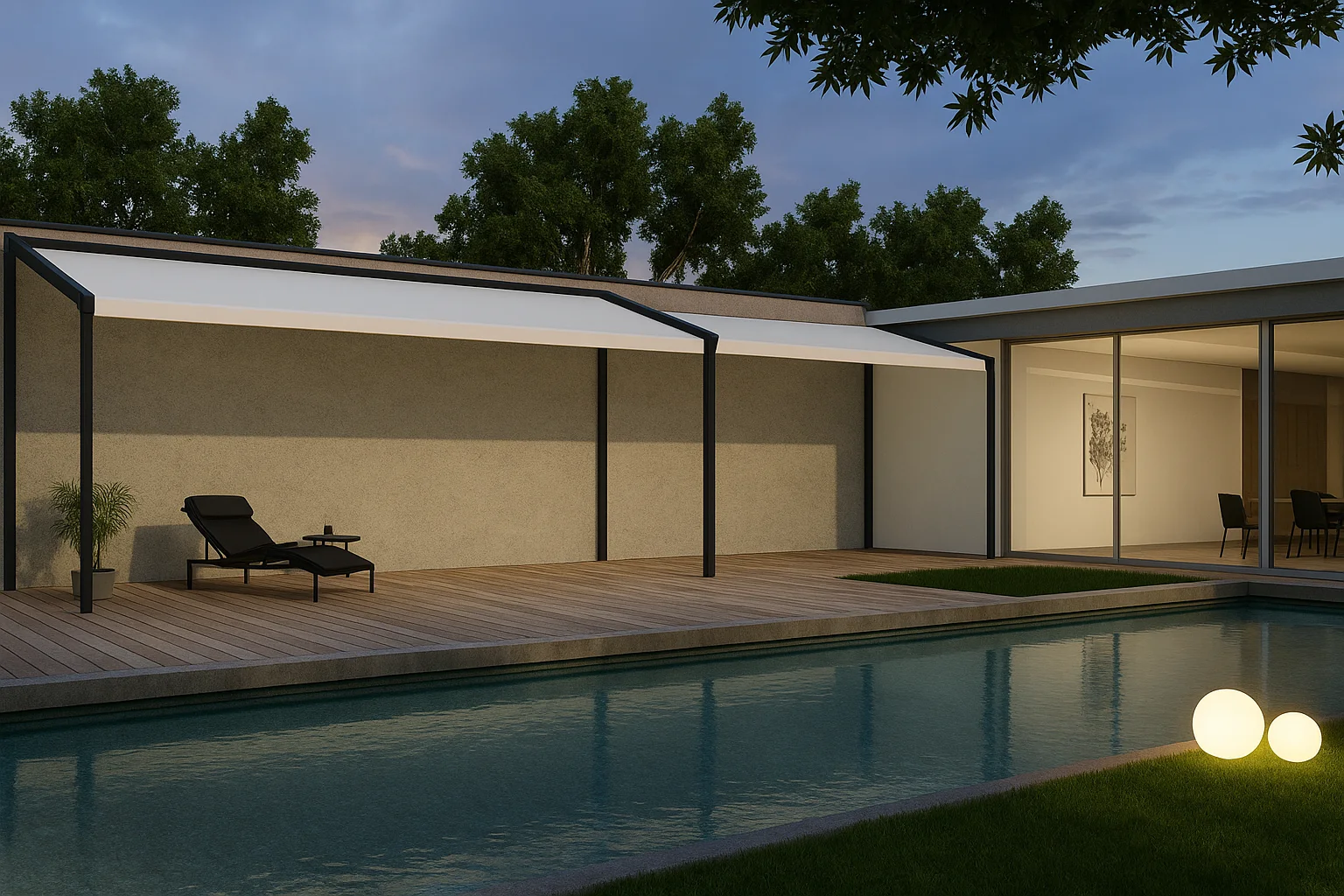 Moderne Terrassenüberdachung aus Aluminium mit Glasdach neben einem Pool in Wien bei Sonnenuntergang.