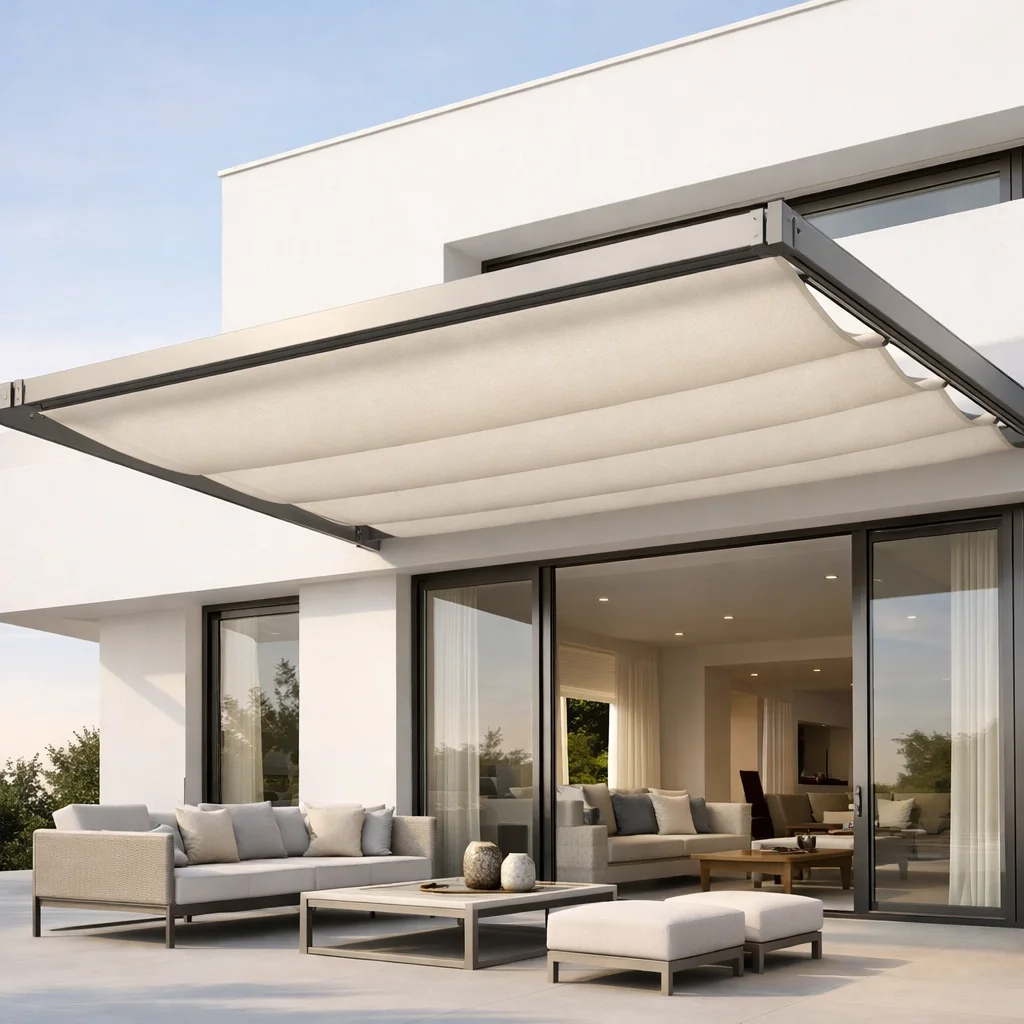 Elegante Pergola in Wien mit hellem Stoffdach als stilvolle Terrassenüberdachung an einer Hausfassade.