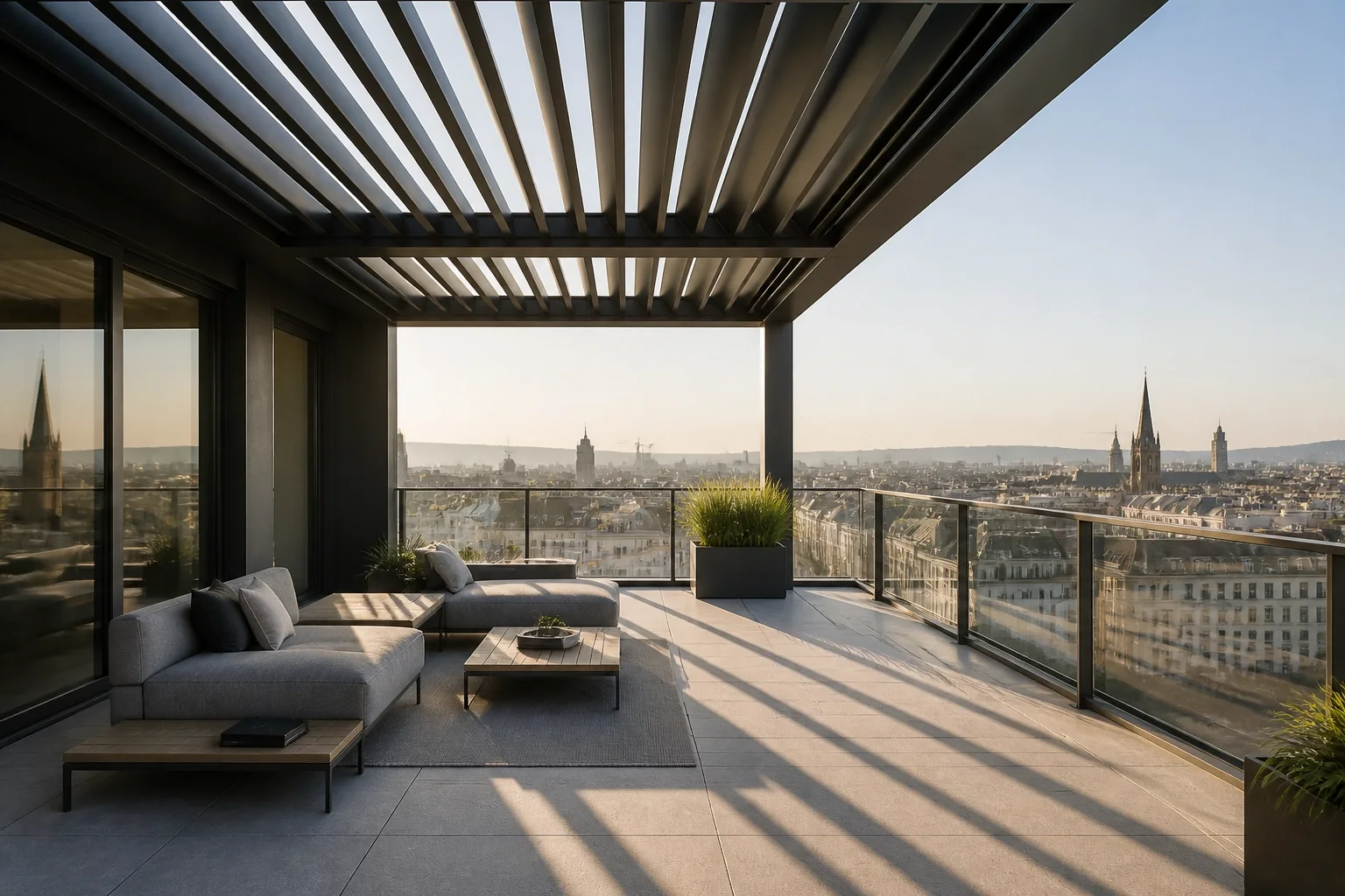 Modernes Lamellendach in Wien auf einer Penthouse-Terrasse für flexibles Terrassendesign.