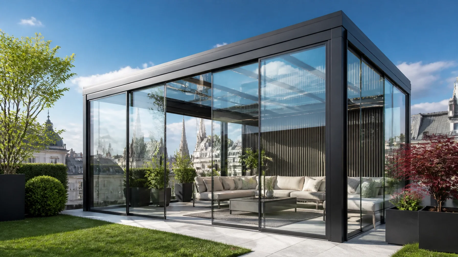 Modernes Glasdach-System mit Aluminiumrahmen für maximalen Ausblick