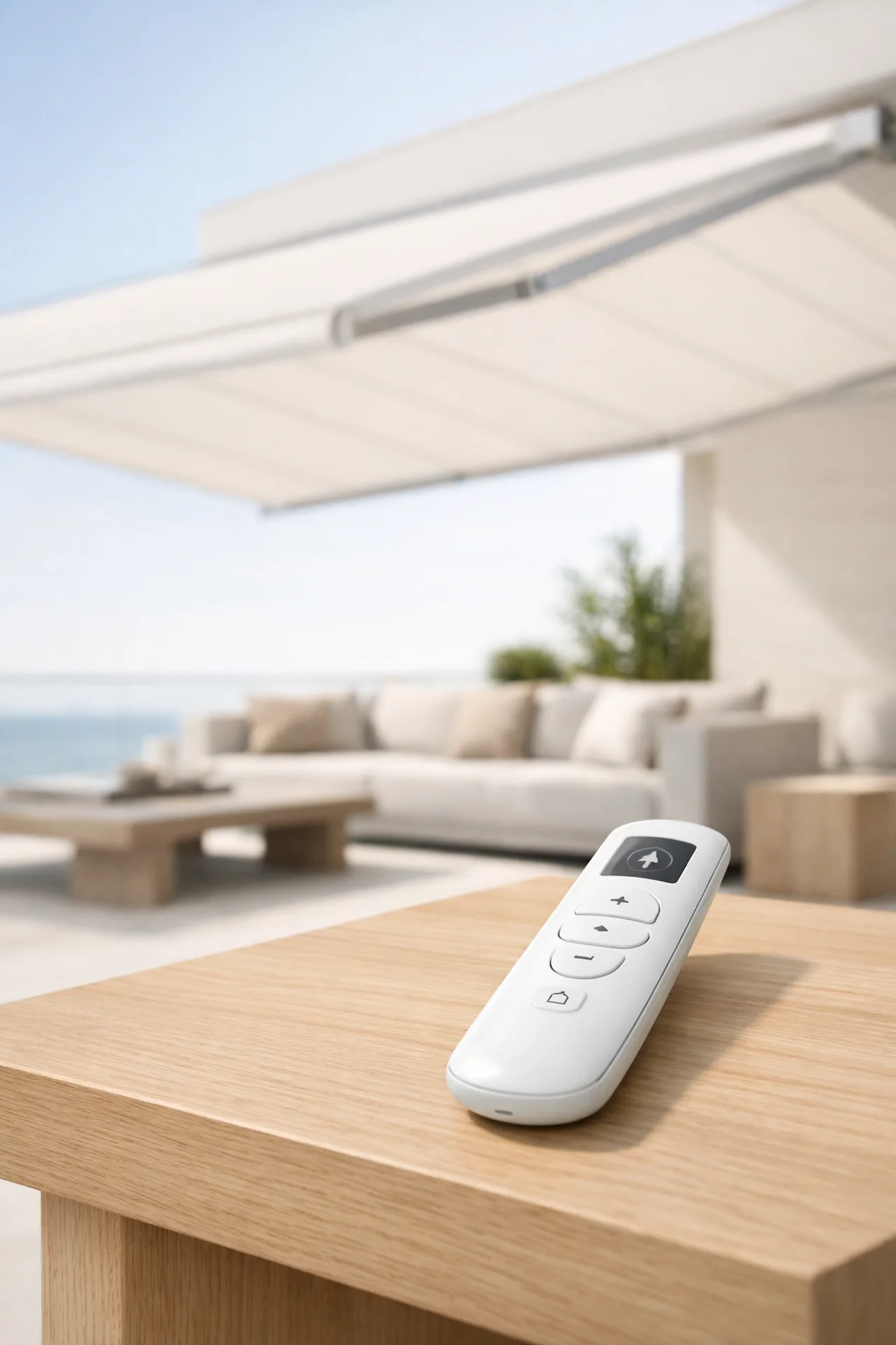 Moderne Funk-Fernbedienung für die bequeme Steuerung einer elektrischen Markise auf der Terrasse.