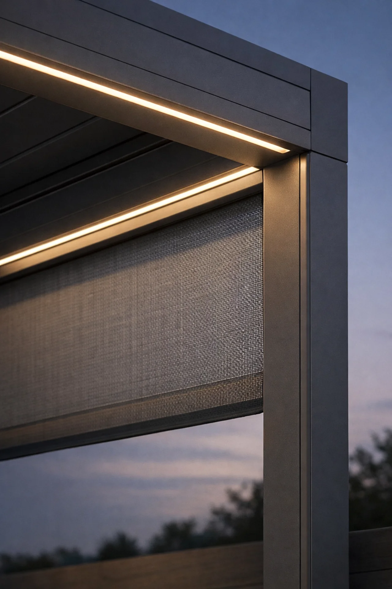 Detail einer Pergola mit integrierter LED-Beleuchtung und seitlichem Zipscreen für Windschutz in Wien.