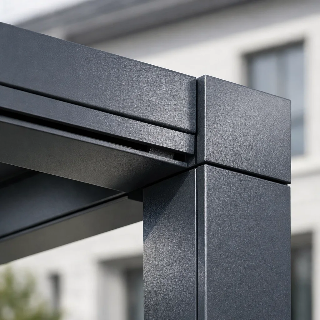 Feste Terrassenüberdachung aus Aluminium nach Maß mit unsichtbarer Entwässerung.