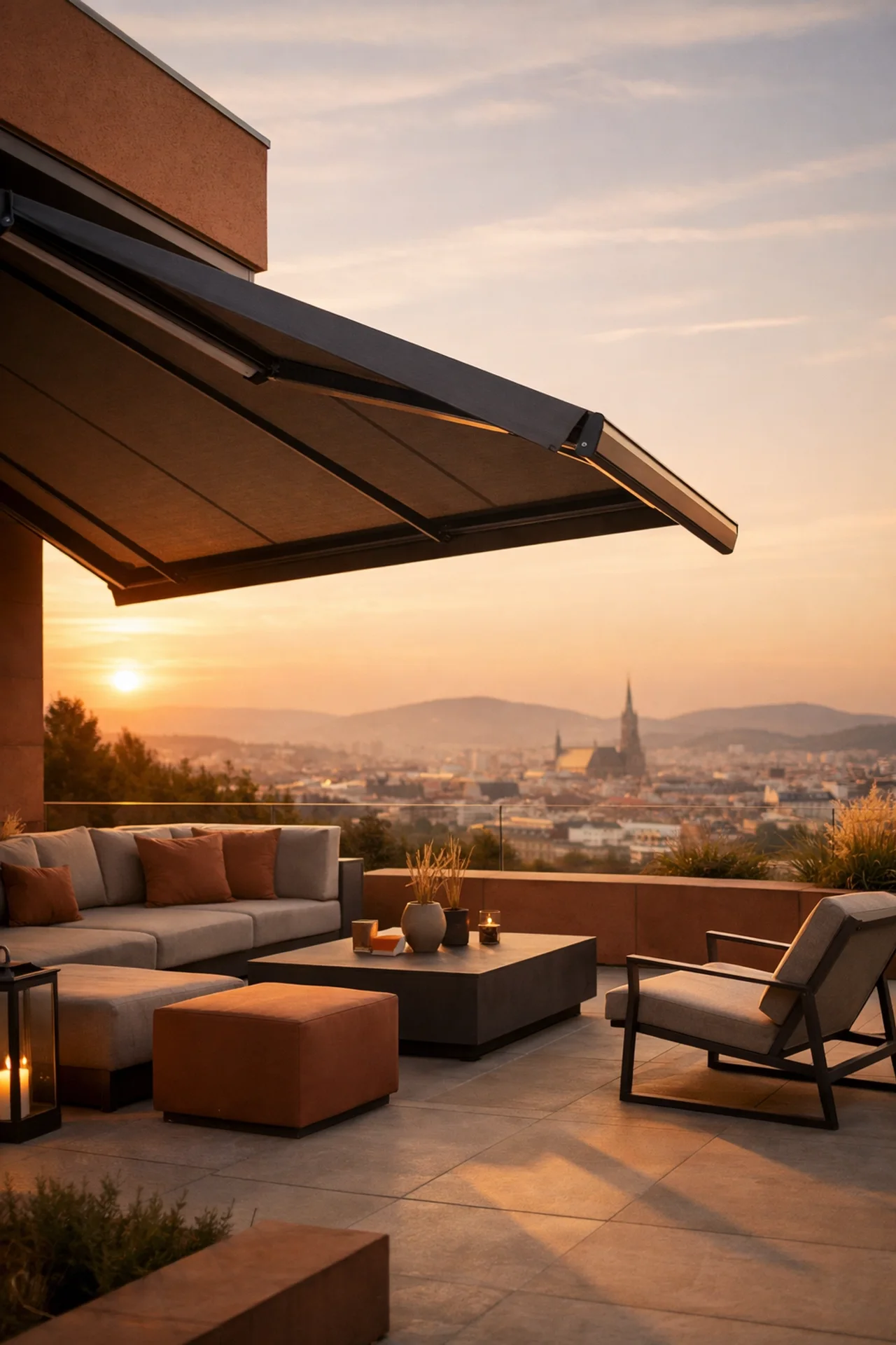 Elektrische Markise auf moderner Terrasse in Wien bei Sonnenuntergang