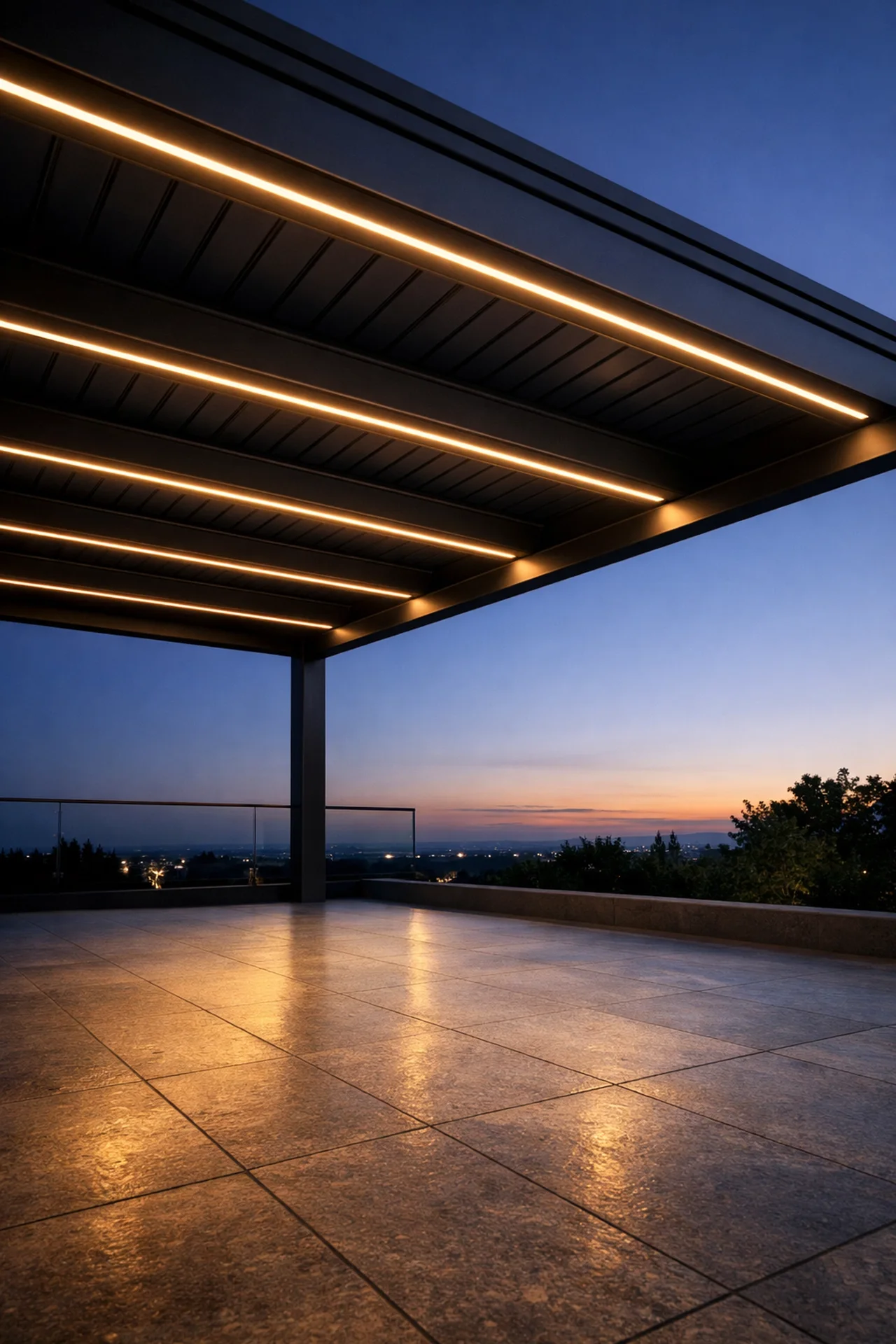 Exklusive Terrassenüberdachung Aluminium mit integrierter LED-Beleuchtung im Profil.