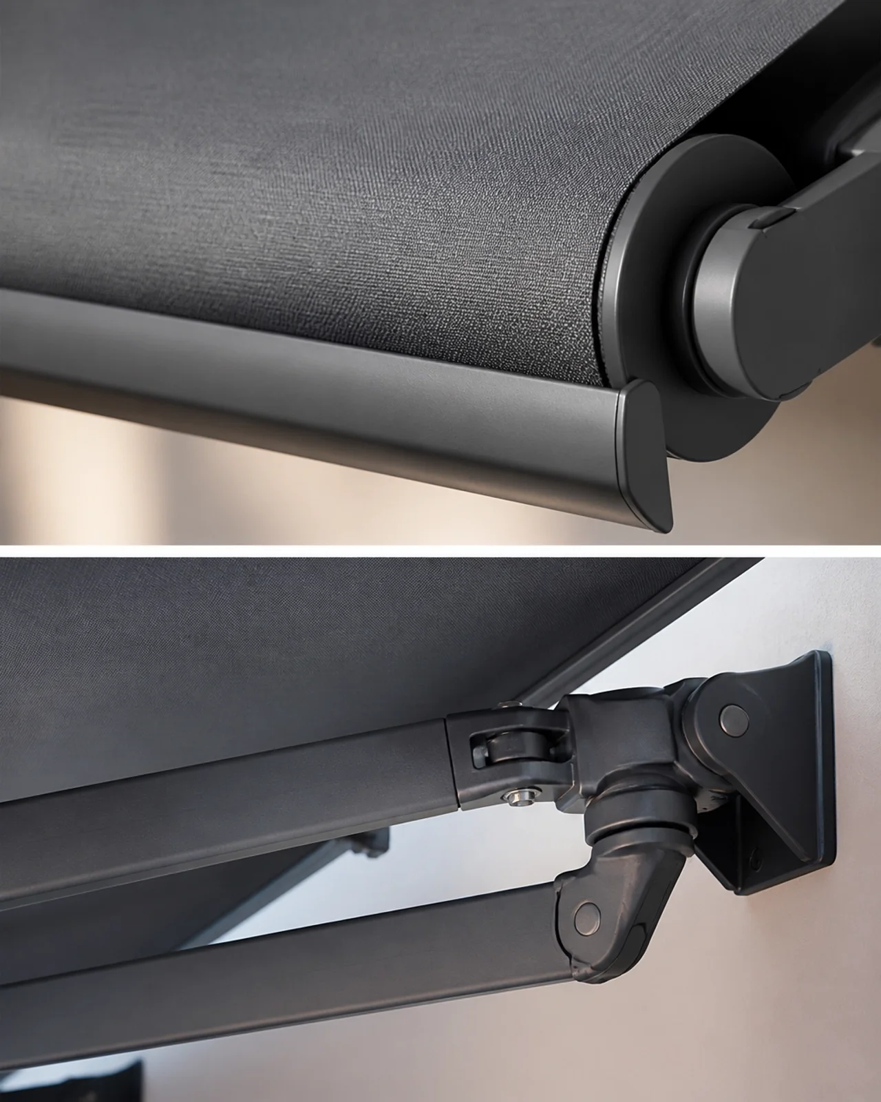 Detailaufnahme eines hochwertigen Markisenstoffs und des robusten Gelenkarm-Mechanismus