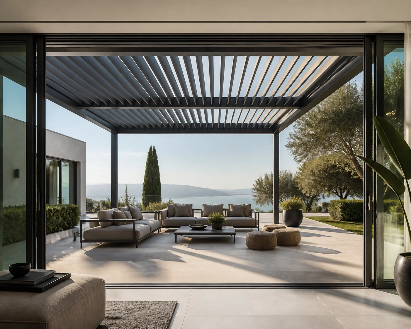Moderne Terrassenüberdachung in Wien: Luxuriöse Aluminium-Pergola für ein elegantes Outdoor Living Konzept.