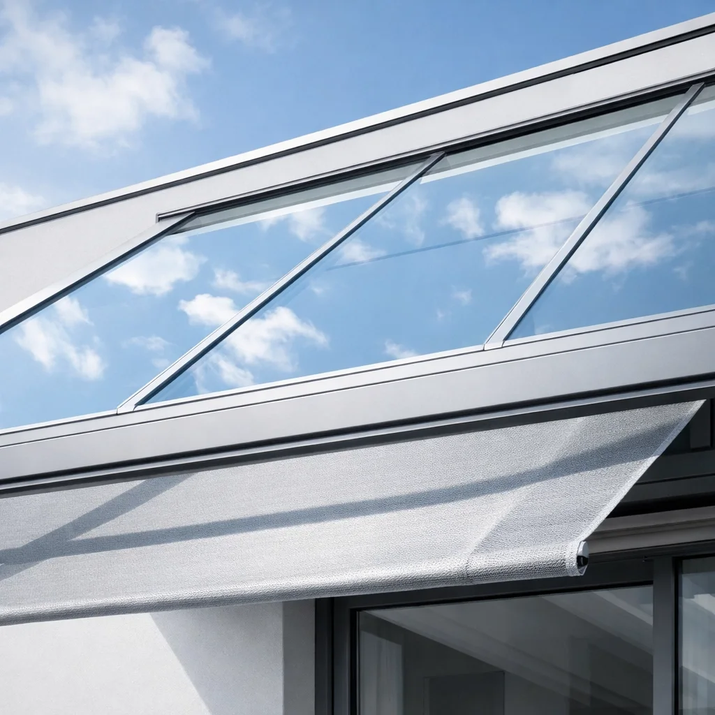 Hochwertige Terrassenüberdachung Wien mit Glasdach und textilem Sonnenschutz.