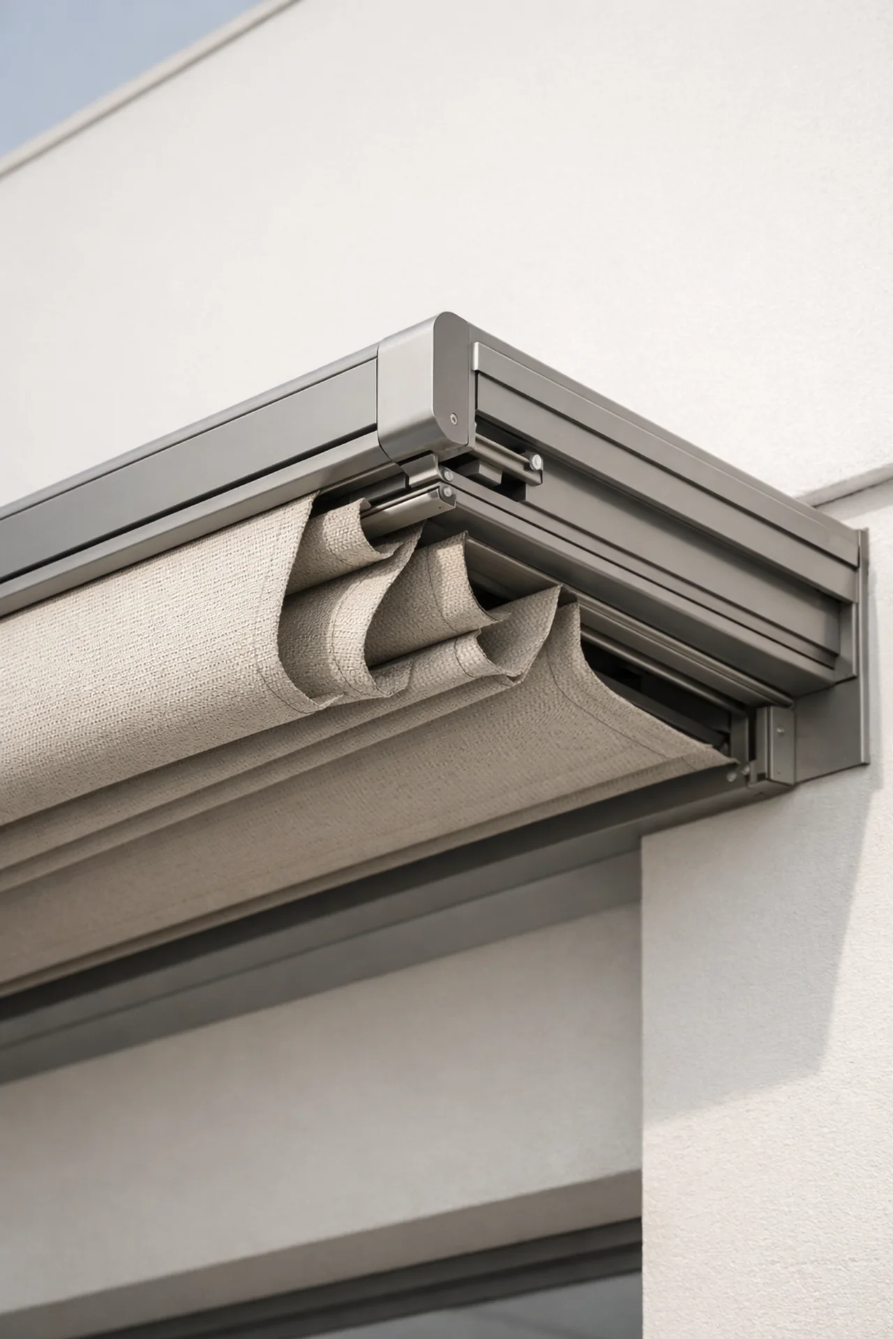 Detail einer modernen Pergola in Wien mit wetterfestem Textildach und stabiler Aluminiumkonstruktion.