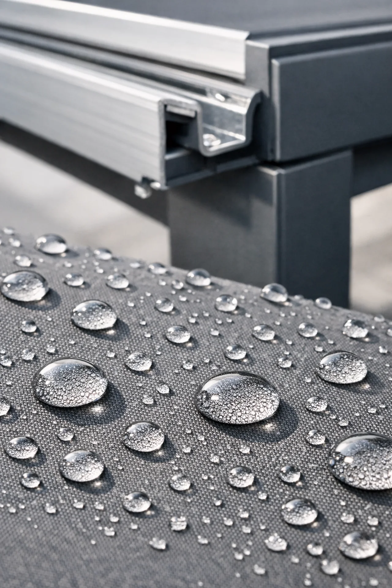 Wasserdichter Stoff einer Faltdach Pergola mit Lotus-Effekt und integrierter Regenrinne.