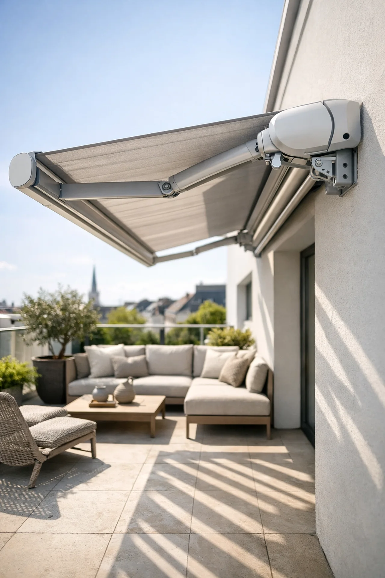 Moderne Kassettenmarkise auf Wiener Terrasse mit Sonnenschutz und eleganten Schatten