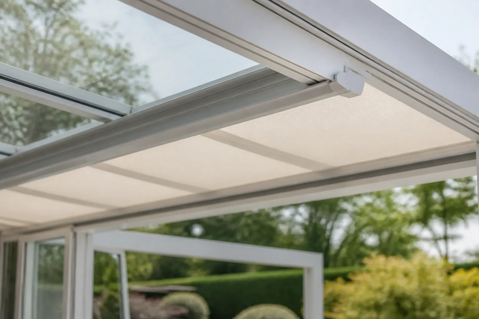 Terrassenüberdachung Wien aus Glas mit cremefarbener Markise für effektiven Sonnenschutz.