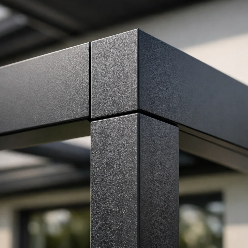 Detailaufnahme einer hochwertigen, maßgefertigten Terrassenüberdachung aus Aluminium in Anthrazit.